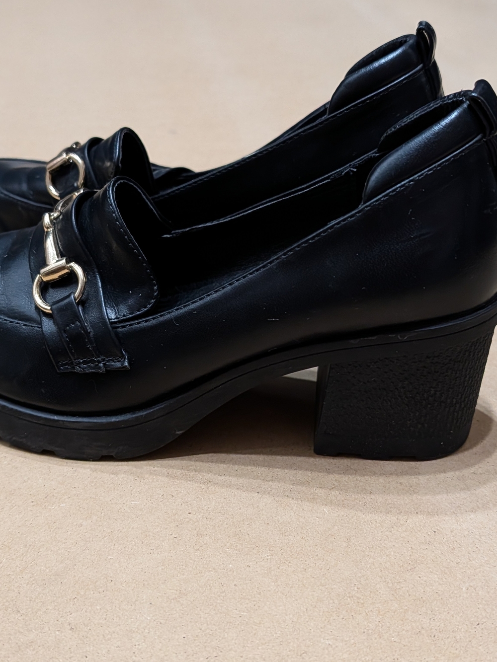Black Women's Chunky Heel Loafer with Gold Accent